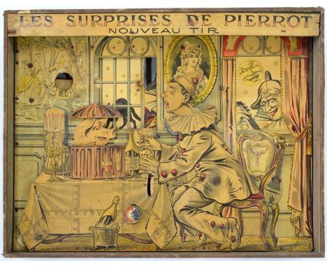 AUTOMATON. A FRENCH FIN DE SIECLE PARLOUR GAME - LE SURPRISE DE PIERROT NOUVEAU TIR, C1900, IN THE FORM OF A CLOWN AT A DININ