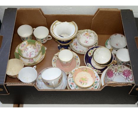 MISCELLANEOUS ENGLISH PORCELAIN TEAWARE, EARLY 19TH C AND LATER, TO INCLUDE NEW HALL, A COALPORT PALE BLUE GROUND VASE C1820 