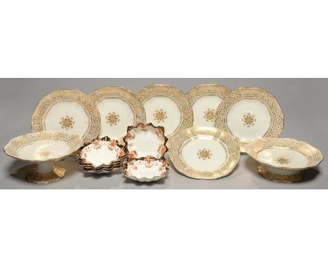 A SET OF SIX FLUTED SOUTHERLAND CHINA JAPAN PATTERN DISHES, EARLY 20TH C, SHAPED SQUARE, 14 X 14CM, PRINTED MARK, AND AN ASHW