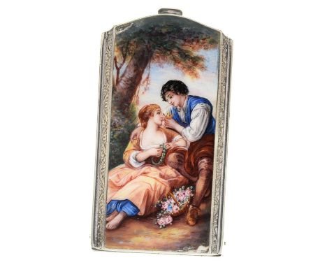 A SILVER AND ENAMEL MANICURE CASE, ENAMELLED TO EITHER SIDE WITH LOVERS OR PINK GUILLOCHE, THE SPRING OPENING LID WITH CLIP A