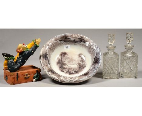 A STAFFORDSHIRE EARTHENWARE CHAMBER BASIN, TRANSFER PRINTED WITH EASTERN VIEWS, 35CM DIAM, A PAIR OF CUT GLASS DECANTERS AND 