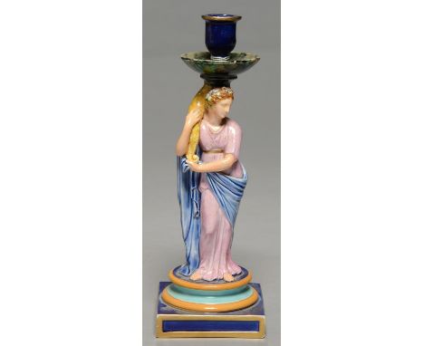 A WEDGWOOD FIGURAL MAJOLICA CANDLESTICK, C1870, IN THE FORM OF CERES, ON SQUARE BASE, 47CM H, IMPRESSED MARKCondition report 