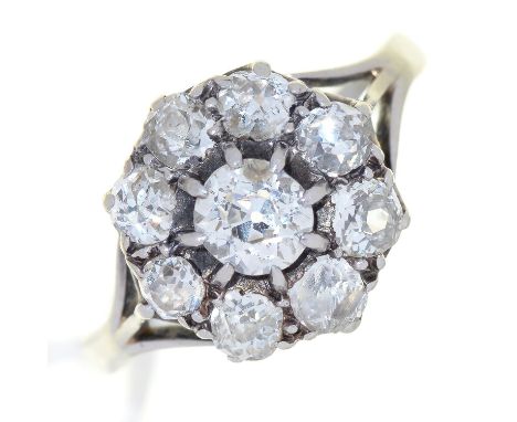 A DIAMOND CLUSTER RING, WITH NINE OLD CUT DIAMONDS, PLATINUM COLOURED METAL HOOP, MARKED WITH AN INVENTORY NUMBER ONLY, 3.6G,