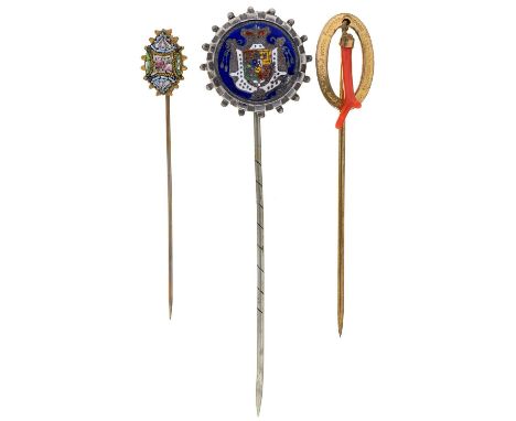 THREE VICTORIAN STICKPINS WITH ENAMEL, MICROMOSAIC OR CORAL TWIG TERMINAL, VARIOUS LENGTHS Condition report  &nbsp;Two cased,