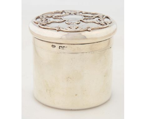 AN EDWARD VII CYLINDRICAL SILVER TEA CADDY AND SCREW COVER CONTAINING HINGED STRAINER - WELL, THE BUN COVER APPLIED WITH FEST