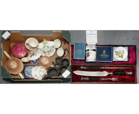 A VICTORIAN ANTLER HAFTED CARVING SET, CASED, A ROYAL WORCESTER CLARET GROUND GILT GROUND BOX AND COVER AND OTHER ONAMENTAL C