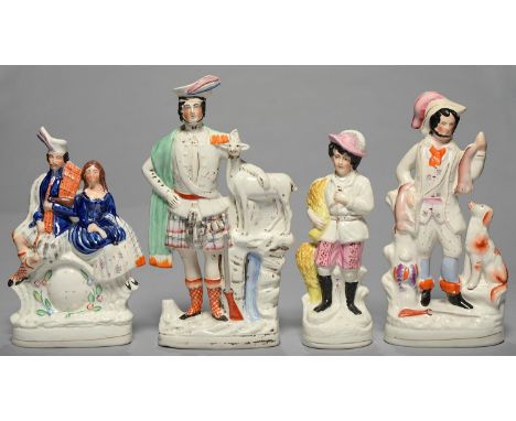 A STAFFORDSHIRE FIGURE AND THREE FLATBACKS, 19TH C, VARIOUS SUBJECTS, IN COLOURS, 43CM H AND CIRCA Condition report  &nbsp;Ty