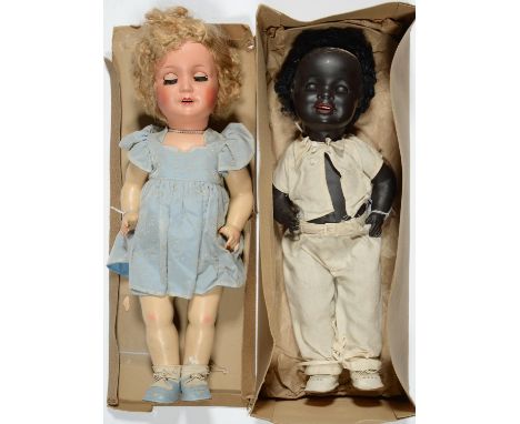 A KEONIG WERNICKE BISQUE BLACK BABY CHARACTER DOLL, C1930, WITH JOINTED COMPOSITION BODY INCLUDING BENT ARMS, CURLY WIG, ORIG