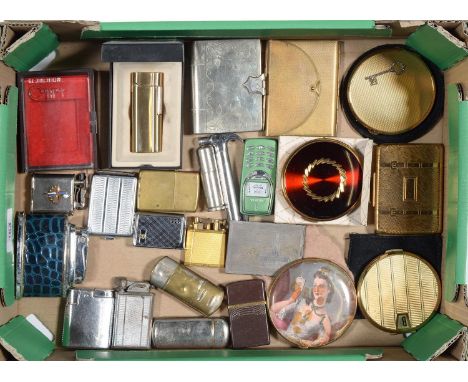 A COLLECTION OF VINTAGE CIGARETTE LIGHTERS, COMPACTS AND OTHER ITEMS TO INCLUDE A BOOK SHAPED NICKEL PLATED BRASS SNUFF BOX, 