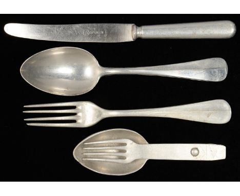MILITARIA. GERMANY, THIRD REICH, LUFTWAFFE ALUMINIUM SPOON AND FORK, STAMPED MARKS AND F L U V AND TWO OTHER ITEMS Condition 