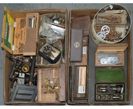MISCELLANEOUS ENGINEERING TOOLS, INCLUDING TAPS AND DIES, CASED INSTRUMENTS, ETC. (2 BOXES)Condition report  A mixed lot sold