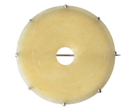 A CHINESE JADE BI DISC MOUNTED AS A BROOCHCondition report  
