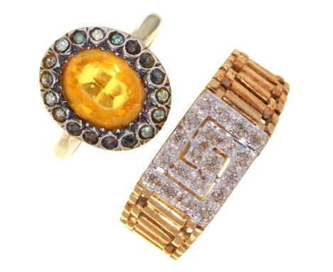 A 9CT GOLD AND CUBIC ZIRCONIA SET SIGNET RING WITH PIERCED SHOULDERS, CONVENTION MARKED, SHEFFIELD, 5G, AND A CITRINE RING, S