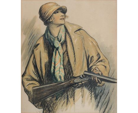 1920/30'S PROMOTIONAL COLOUR PRINT OF AN ELEGANT YOUNG WOMAN HOLDING A SHOTGUN AND 19TH C LITHOGRAPH OF THE GAMEKEEPER'S RETU