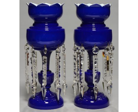 A PAIR OF BOHEMIAN OVERLAY GLASS LUSTERS, LATE 19TH C, OF OPAL CASED IN ROYAL BLUE GLASS AND HUNG WITH PRISMATIC CUT BEADS AN