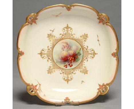 A HADLEY?S WORCESTER SHAPED SQUARE DESSERT DISH, 1902-5, PAINTED TO THE CENTRE WITH FRUIT AND GILT WITH INSECTS, 23&nbsp; X 2