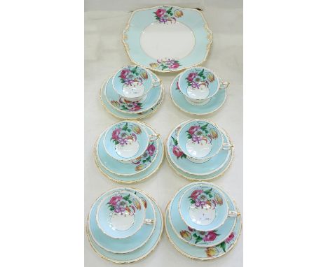 A PARAGON TEA SERVICE, SECOND QUARTER 20TH C, DECORATED WITH FLOWERS ON A LIGHT BLUE BORDER, THE SERVICE INCLUDING A SQUARE P