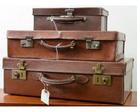 VINTAGE LUGGAGE. THREE TAN LEATHER SUITCASES, C1930'S, ONE INSCRIBED L HOLLAND LACELY, 50CM H; 16 X 30CM AND SMALLER Conditio