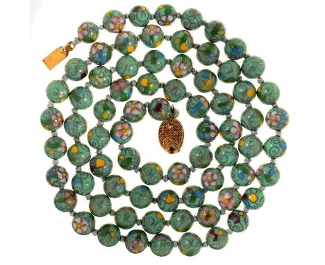 A NECKLACE OF CHINESE CLOISONNE ENAMEL BEADS, GILTMETAL CLASPS, 75CM L Condition report  &nbsp;Good condition