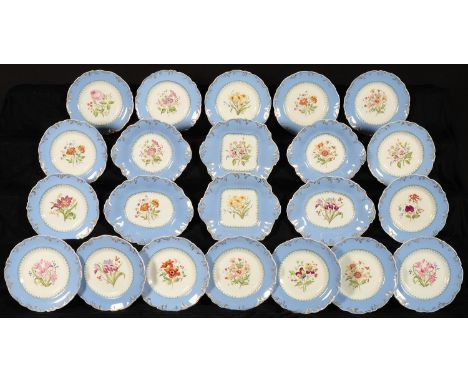 A CHARLES MEIGH LAVENDER BLUE GROUND MOULDED EARTHERNWARE BOTANICAL DESSERT SERVICE, C1835-40, PRINTED AND PAINTED TO THE CEN