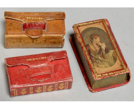 NEEDLEWORK TOOLS. THREE SCARLET OR TAN MOROCCO BOOK SHAPED NEEDLE BOXES, TWO OF WALLET TYPE, EARLY 19TH C, THE LARGEST DECORA