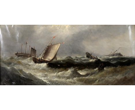 E BYARD (FL LATE 19TH C) - FISHERFOLK UNLOADING THE CATCH; A SHIPWRECK, A PAIR, BOTH SIGNED, OIL ON CANVAS, 57 X 126CM Condit
