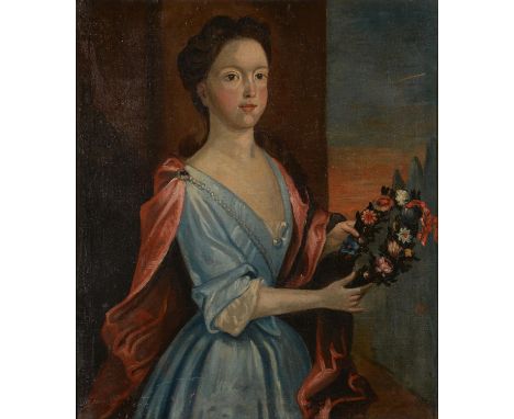 NORTHERN EUROPEAN SCHOOL, 18TH C -&nbsp; PORTRAIT OF A LADY, THREE QUARTER LENGTH IN A BLUE DRESS HOLDING A GARLAND OF FLOWER