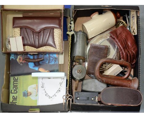 A STONEWARE HOT WATER BOTTLE, SEVERAL PEWTER ARTICLES, AN EPNS ENTREE DISH AND COVER, EARLY 20TH C COPPER AND BRASS BUGLE AND