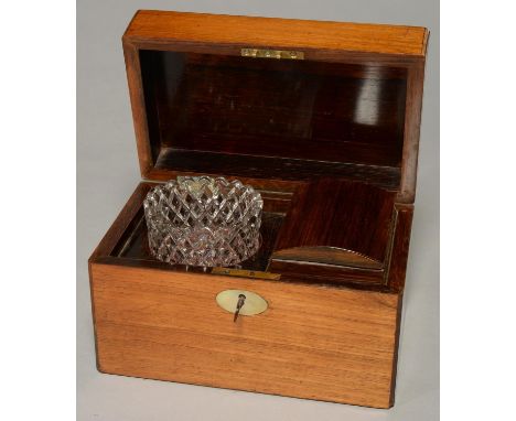 A VICTORIAN ROSEWOOD TEA CHEST, C1850, THE FITTED INTERIOR WITH TEA CADDY WITH COFFERED LID AND A MOULDED GLASS JAR, 23.5CM L