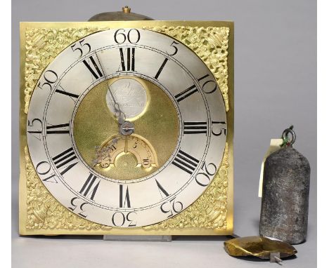 A BRASS THIRTY HOUR LONGCASE CLOCK MOVEMENT AND DIAL, JOHN WYLD NOTTINGHAM, C1745, THE 12" DIAL WITH MATTED CENTRE, DATE APER