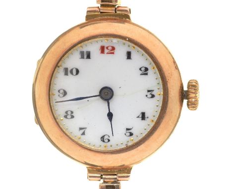 A 9CT GOLD LADIES WRISTWATCH, THE EXPANDING BRACELET MARKED 'ENGLISH MADE', 21MM DIAM, IMPORT MARKED, LONDON 1920 Condition r