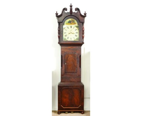 A VICTORIAN MAHOGANY EIGHT DAY LONGCASE CLOCK, C1860, THE BREAKARCHED, PAINTED DIAL WITH HORSE AND DONKEY SPANDRELS, A DOG AN