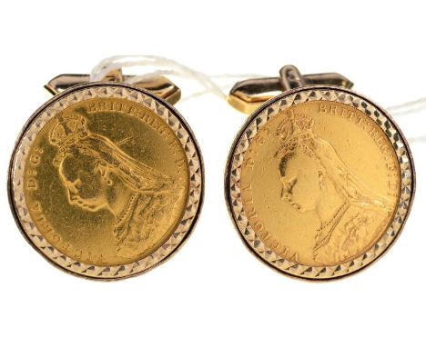 GOLD COINS. SOVEREIGN, VICTORIA, JUBILEE HEAD, TWO, MOUNTED IN A PAIR OF 9CT GOLD CUFFLINKS (ENCLOSED BACK), 24MM DIAM, BIRMI