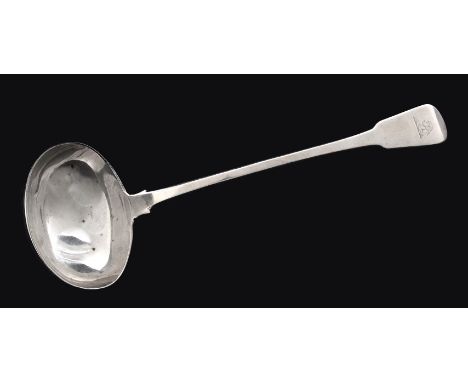 Sarah and John William Blake, a silver fiddle pattern soup ladle, with crest engraved terminal, London 1816, 36cm