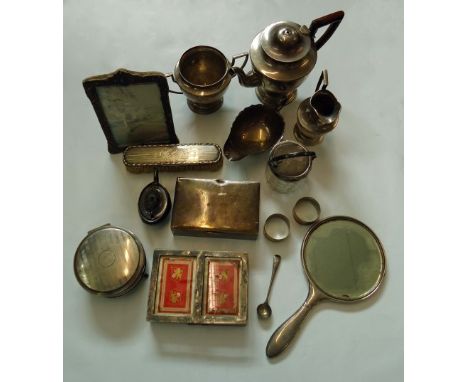 A collection of silver items, including sugar basin, hot water, playing card case and other items, mostly with some defects, 