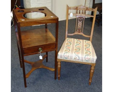 An Edwardian rosewood, inlaid and strung bedroom chair, and a  George III mahogany wash stand with provision for a basin and 