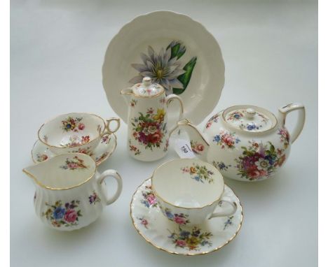 A Royal Worcester Roanoke part tea service, comprising four cups, saucers, tea plates, cake plate, sugar and milk jug, togeth