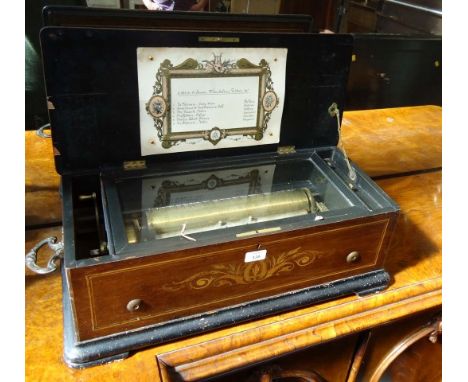 A late 19th century Swiss Paillard cylinder music box playing 6 airs (mandolin) with tune sheet, in marquetry inlaid rosewood