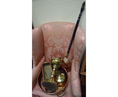 A Victorian twin handled copper preserve pan, a copper warming pan with turned ebonised handle, a small copper jardiniere, br