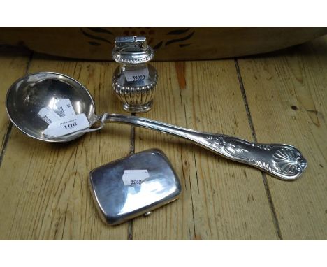 A white metal Beney 'Nuffield Products' table lighter, a silver plated fiddle and shell soup ladle and a silver cigarette cas