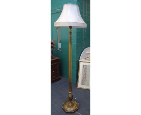 A possibly 1920s Maple & Co gilt chinoiserie decorated standard lamp, with moulded disc base and fabric shade, 161cm high