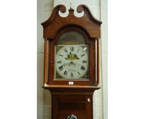 Blunt, Northampton, an early 19th century longcase clock, the hood with scrolled pediment enclosing an arched 12 inch Roman a