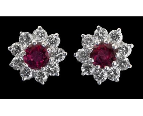 A pair of ruby and diamond cluster earrings, the circular cut rubies within a border of brilliant cut diamonds in claw mounts