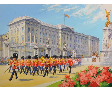 A... E... Vincent (20th Century) British. The Changing of the Guards, at Buckingham Palace, Mixed Media, Signed, 15" x 19.75"