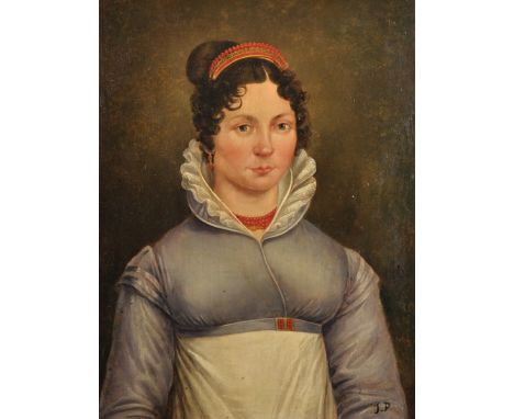 19th Century German School. Portrait of a Lady, Oil on Board, Signed with Initials 'JD', 20" x 15.5".