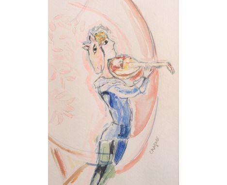 After Marc Chagall (1887-1985) Russian/French. Girl with a Mandolin, Mixed Media, bears a Signature, 11.5" x 8.25".