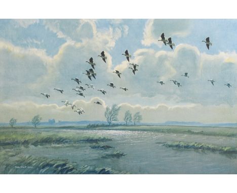Peter Scott (1909-1989) British. Geese in Flight, Lithograph, Signed in Pencil, overall 15" x 22".