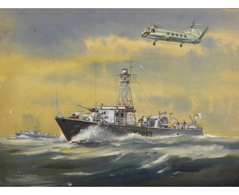 Douglas Ettridge (1929-2009) British. A Shipping Scene, with a Helicopter overhead, Mixed Media, Signed, 14" x 18.75".