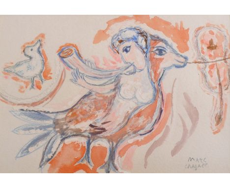 After Marc Chagall (1887-1985) Russian/French. Girl Blowing a Pipe, Mixed Media, bears a Signature, 8.25" x 11.75".