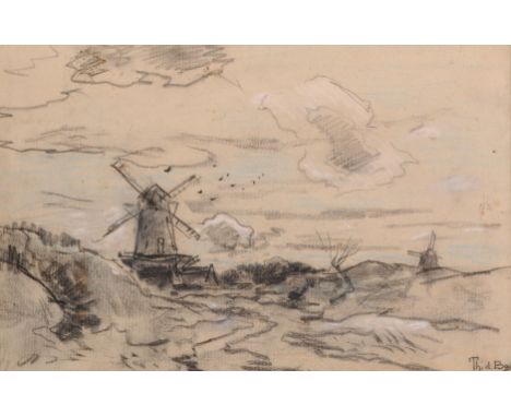 Theophile de Boch (1851-1904) Dutch. 'Windmills', Mixed Media, Signed, 11" x 17". Provenance; Corporation Art Gallery, Bradfo
